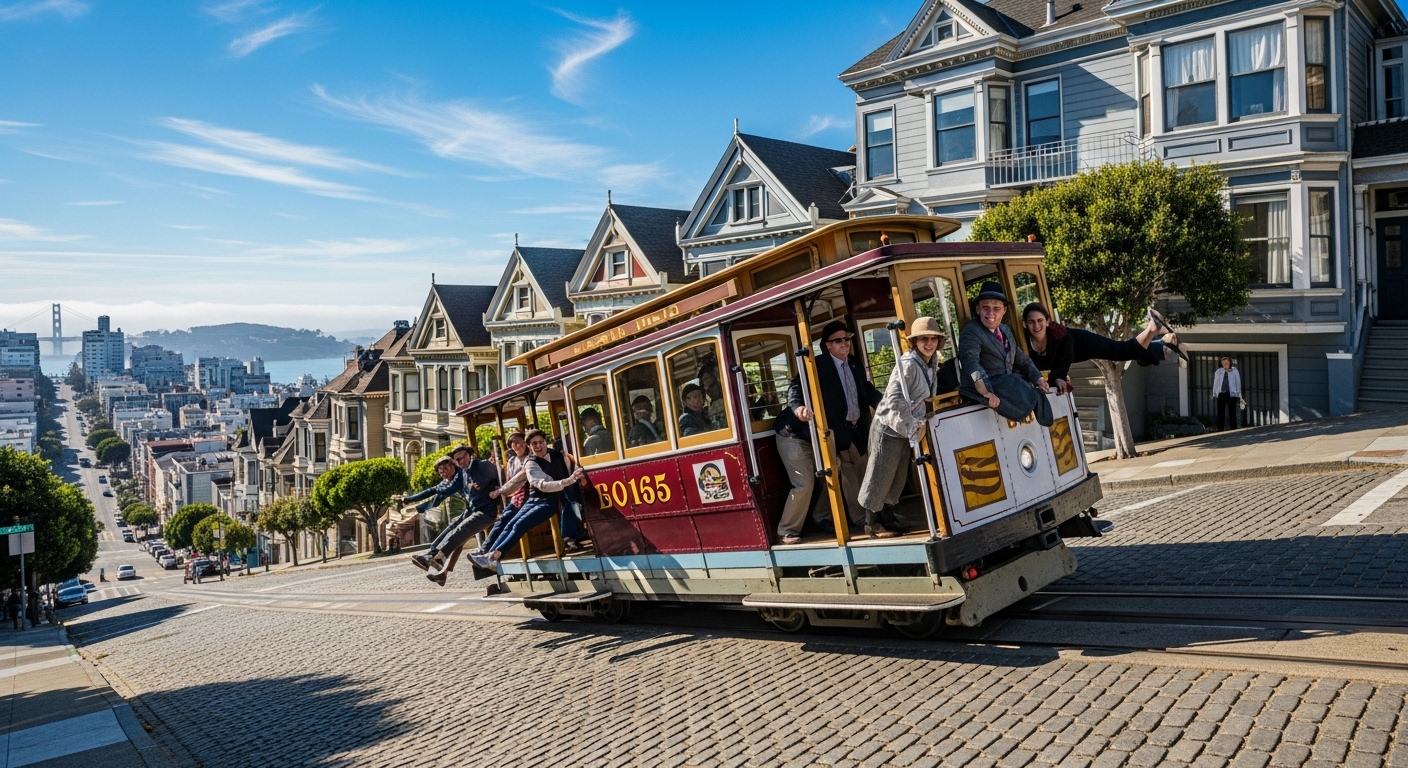 サンフランシスコの坂道を走るケーブルカー
