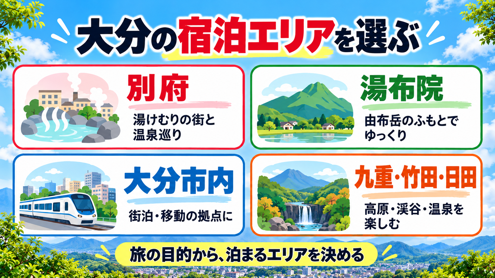大分県の宿泊先を別府・湯布院・大分市内・九重竹田日田の4エリアで比較した図解