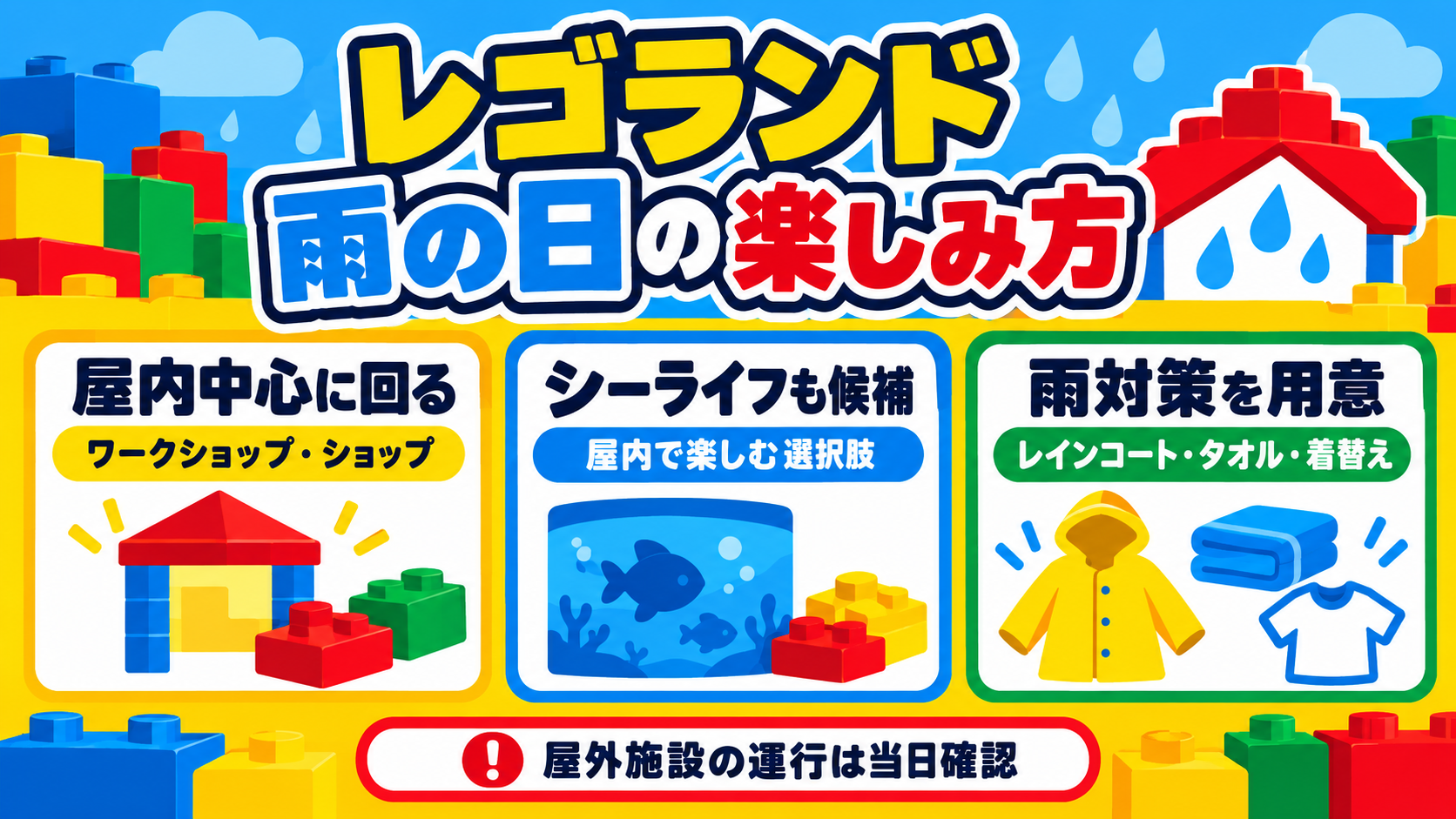 レゴランドで雨の日に屋内施設やシーライフを候補にし、雨具と着替えを用意するポイント