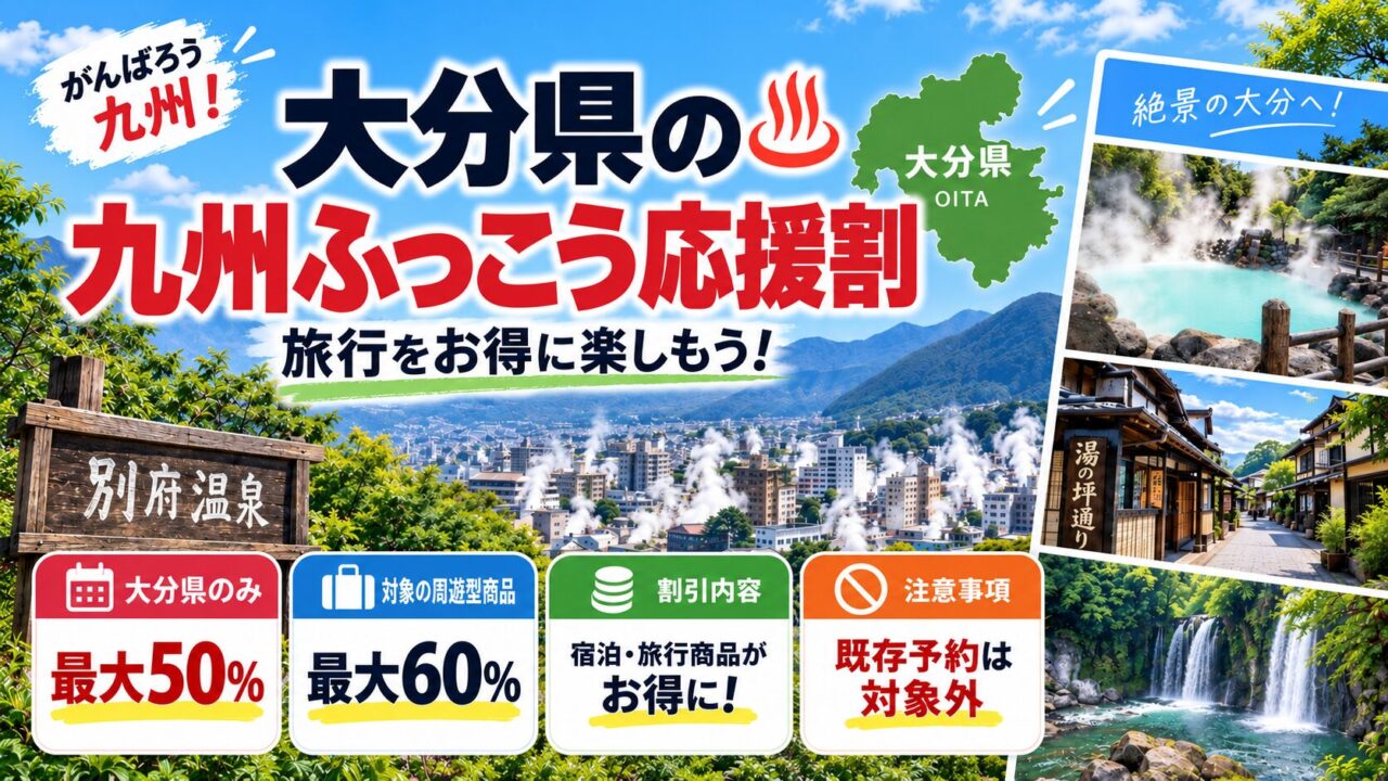 大分県の九州ふっこう応援割。大分県のみは最大50％、対象の周遊型旅行商品は最大60％。既存予約は対象外