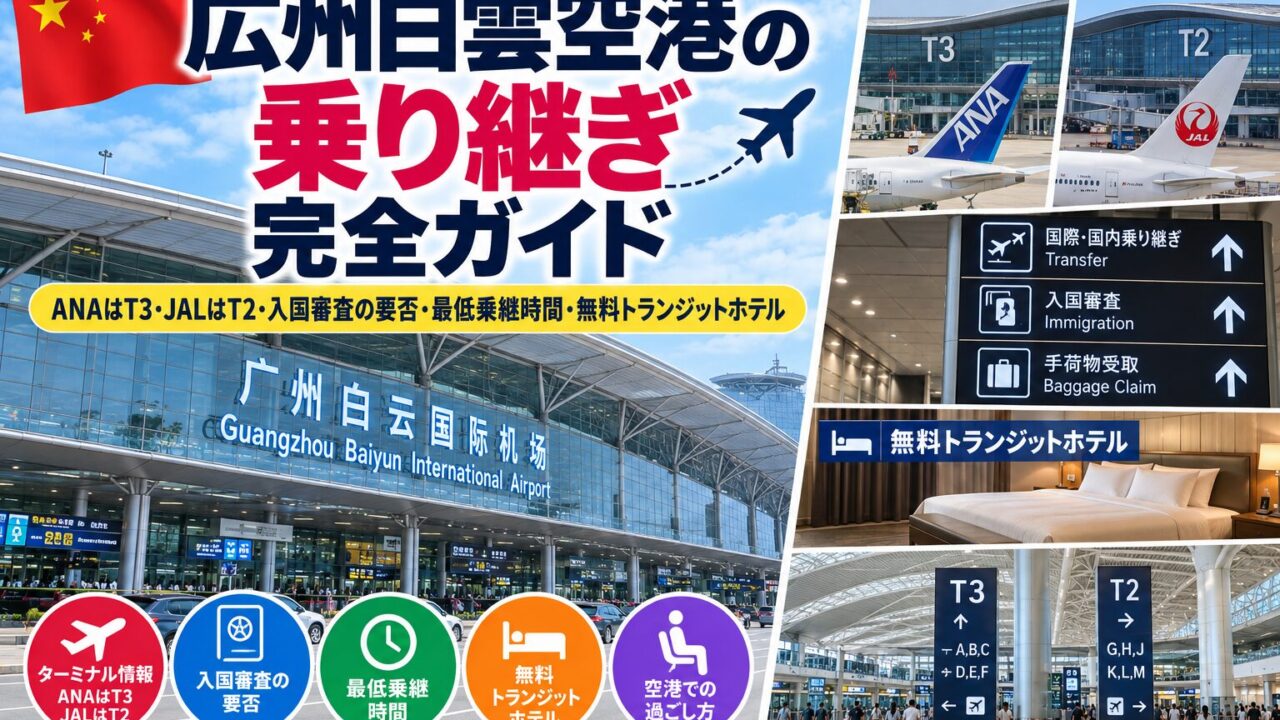 広州白雲空港の乗り継ぎ完全ガイド｜ANAはT3・JALはT2・入国審査の要否・最低乗継時間・無料トランジットホテル