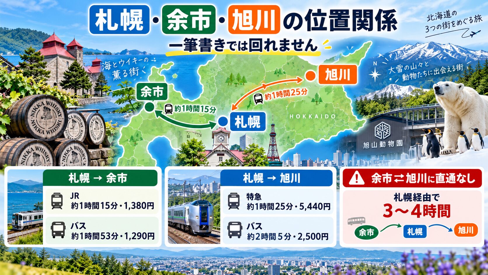 札幌・余市・旭川の位置関係