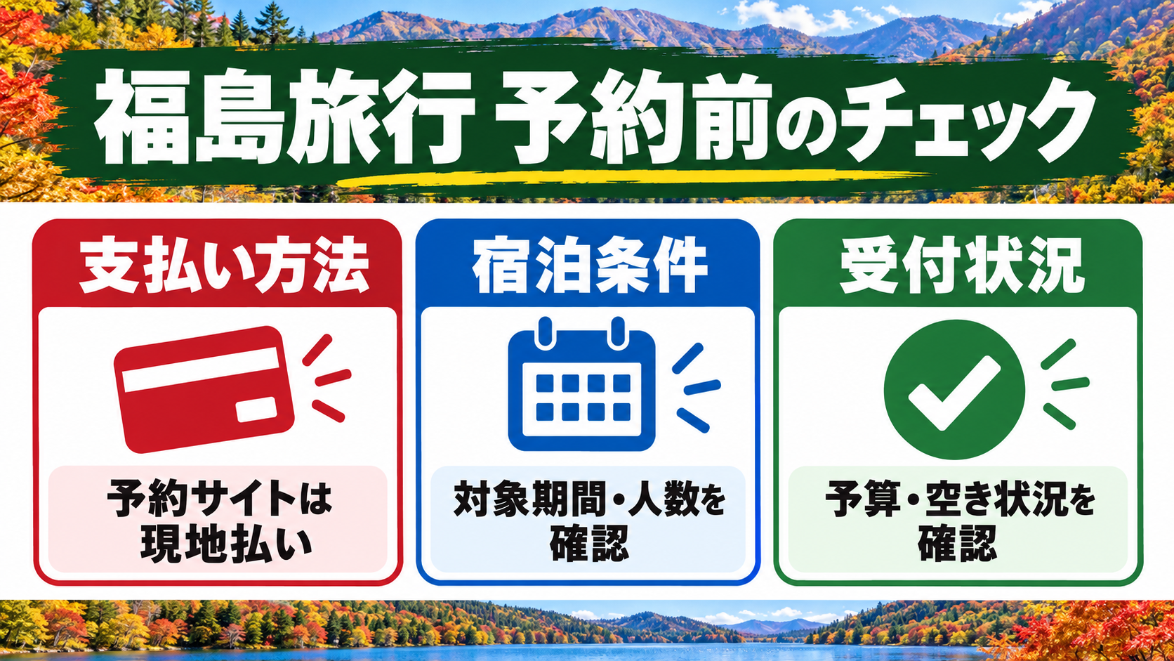 福島旅行の宿泊割引を予約する前に支払い方法、宿泊条件、受付状況を確認する図解