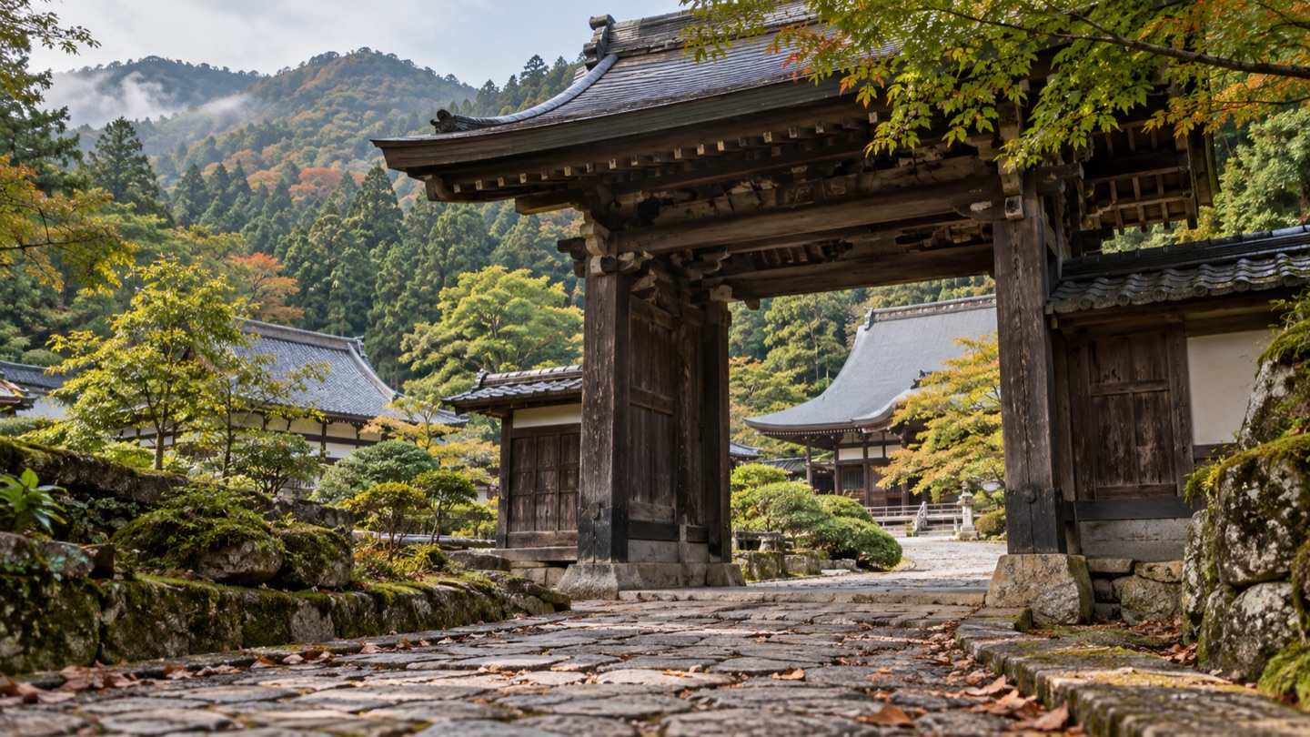 山あいの寺院と境内を描いた旅行イメージ