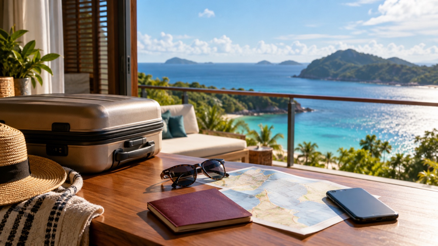 海辺の旅行先を計画する机と旅行用品のイメージ
