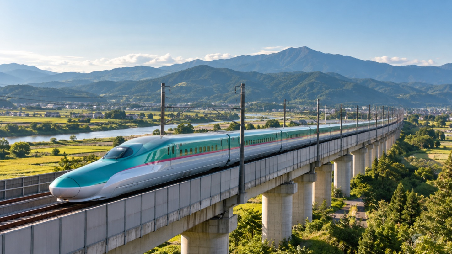 緑豊かな山あいを走る新幹線の旅行イメージ