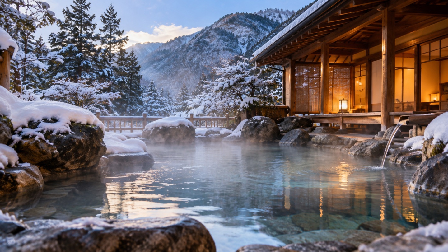 雪景色を眺める露天風呂と温泉旅館のイメージ